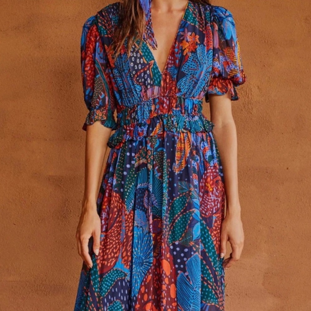 Farm Rio Blue Leopard Ruffle Maxi, size M. worn once